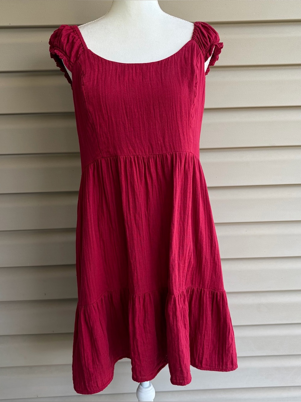 •Old Navy• Cranberry/Burgandy Red Tiered Gauze Peasant Dress - Size Large